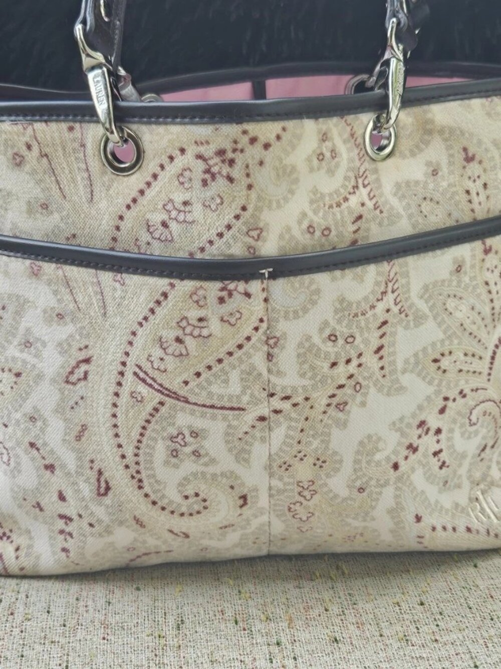 Lauren Ralph Lauren Women Hand Bag Purse Beige Suede Fabric Purse - Picture 2 of 13